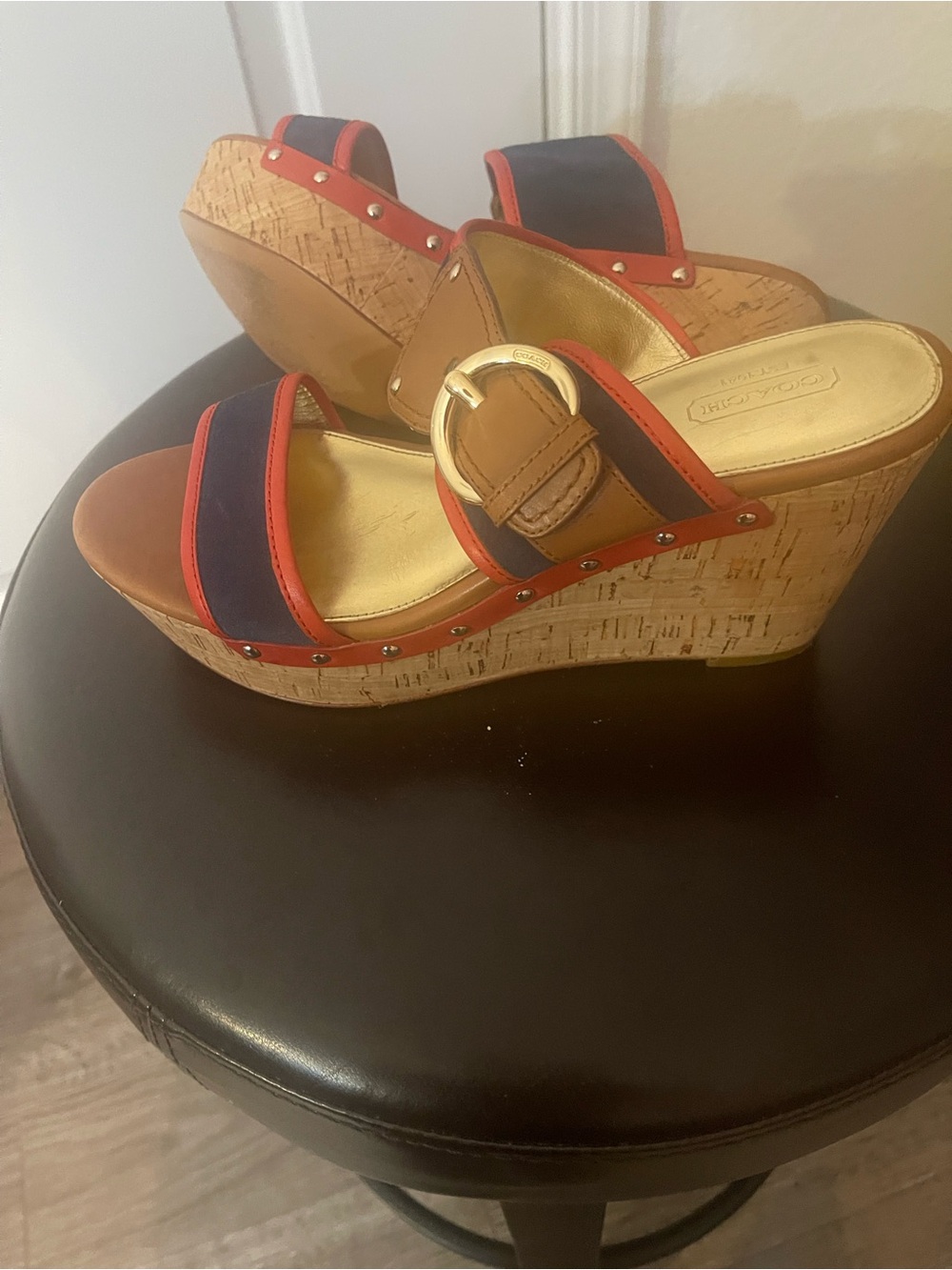 Coach Navy and Tan Wedge Sandals with Red Trim - Picture 4 of 4